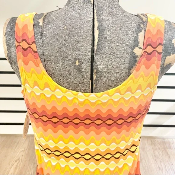NWT M Orange, yellow and gold 70s print soft bodycon stretchy dress - Picture 3 of 6